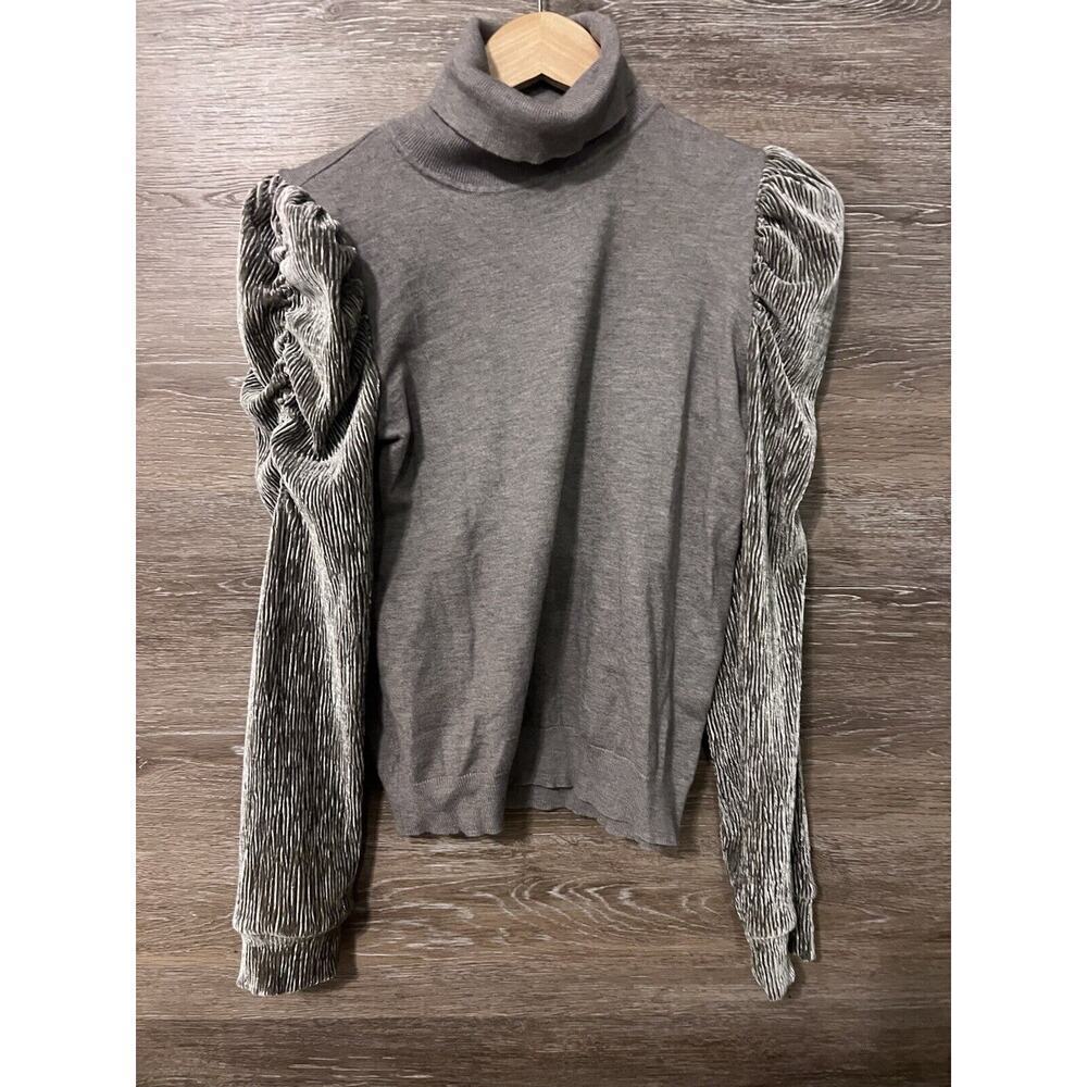 THML Sweater Size Large Puff Sleeve Gray Metallic Preppy Timeless Turtle Neck